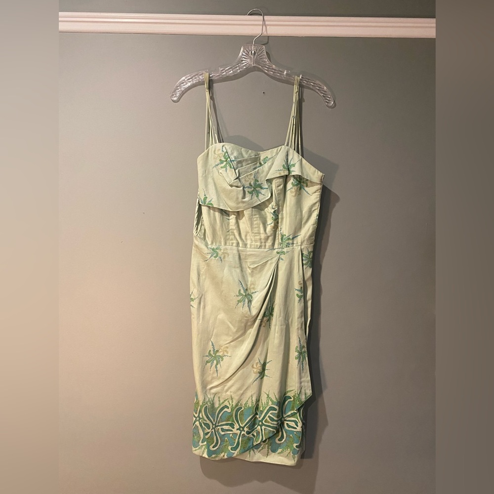 Alfred Shaneen Honolulu 1950’s mint green wiggle dress with shirred back